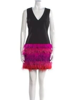 Milly Black V-Neck Mini Dress with Fuchsia & Red Feather Skirt
